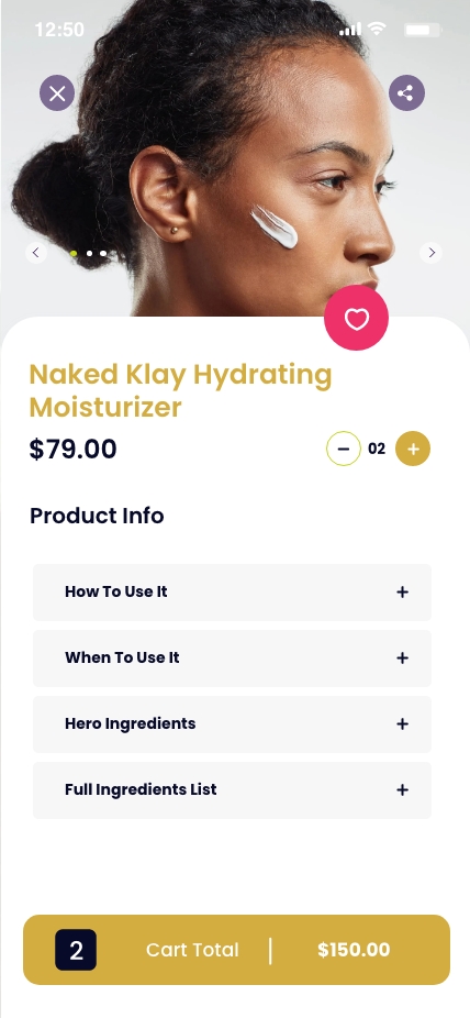 Product Info screen for Naked Klay