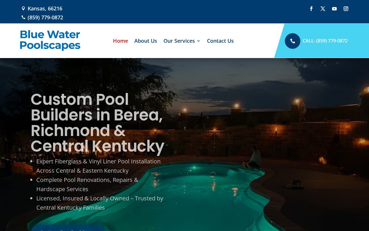 Blue Water Poolscapes website homepage
