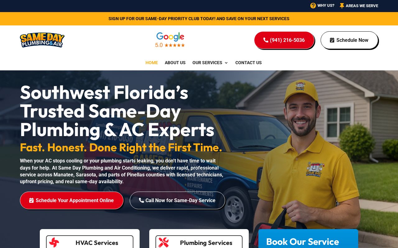Same Day Plumbing & Air website homepage