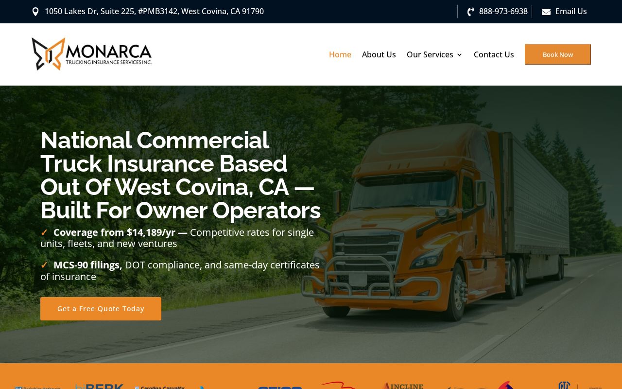 Monarca Trucking Insurance website homepage